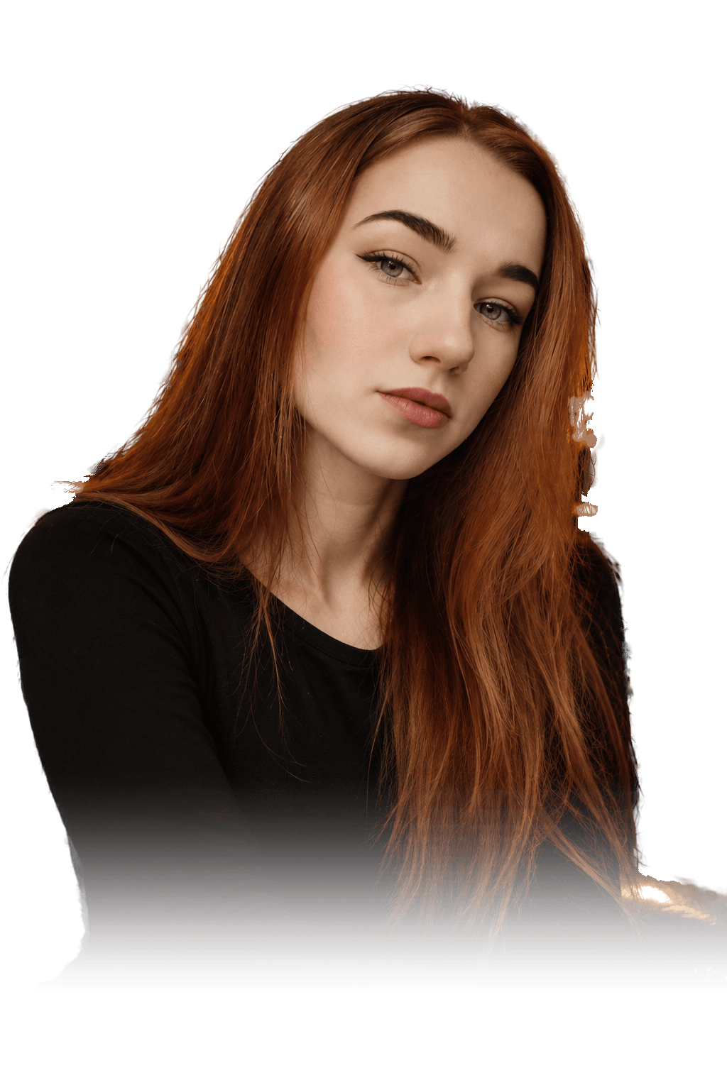 Portrait of Valeriia, a woman with long auburn hair, wearing a black top